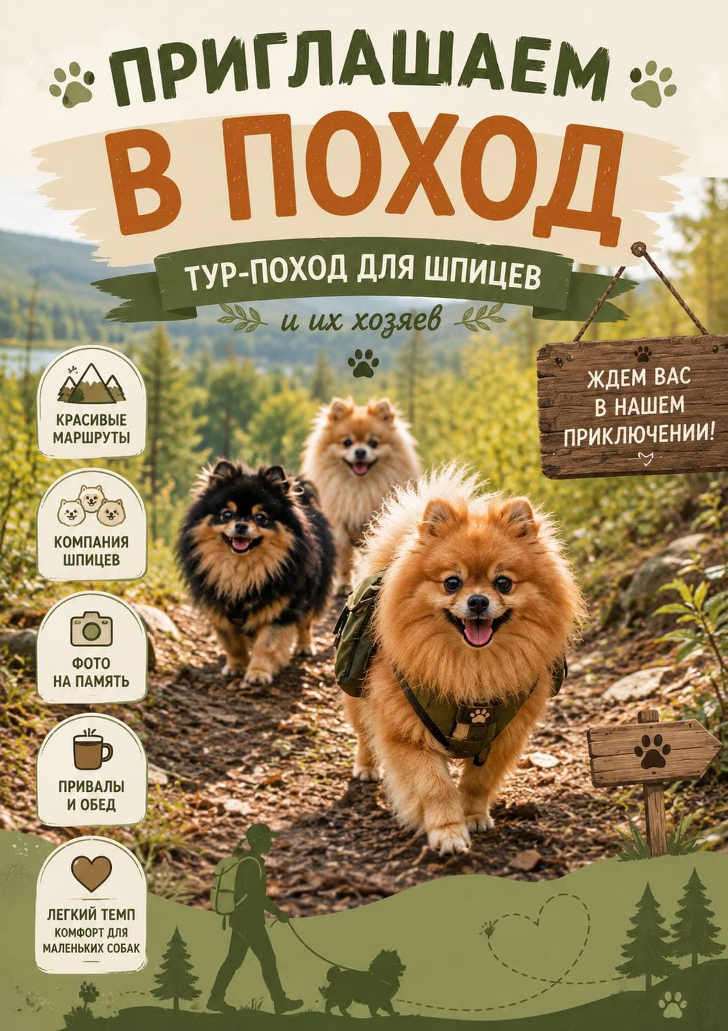 Афиша шпиц-похода в Подмосковье для шпицев и их хозяев